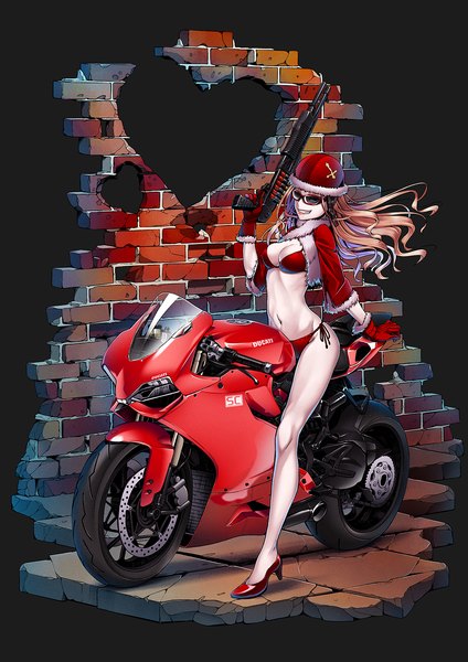 Anime picture 1061x1500 with original ducati hamada youho single long hair tall image light erotic blonde hair smile black background christmas pale skin brick wall girl gloves navel underwear panties weapon lingerie