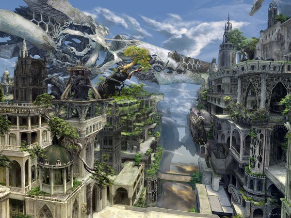 Anime picture 1024x768 with cloud (clouds) city landscape fantasy plant (plants) tree (trees)