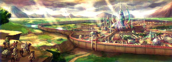 Anime picture 2152x778 with original fuzichoco highres wide image sunlight city light landscape rock panorama animal building (buildings) wall tower horse