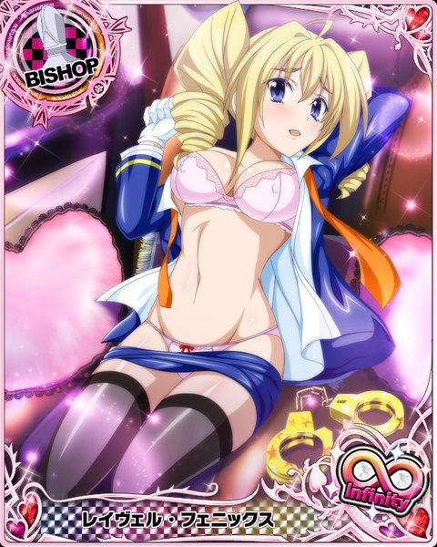 Anime picture 640x800 with highschool dxd ravel phenex single long hair tall image looking at viewer blush breasts open mouth blue eyes light erotic blonde hair twintails open shirt drill hair card (medium) girl thighhighs navel underwear
