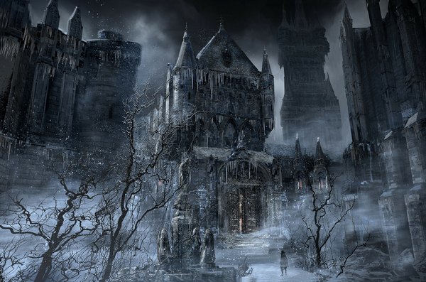 Anime picture 1920x1271 with bloodborne from software hunter (bloodborne) single highres standing cloud (clouds) snowing dark background winter snow bare tree fog gothic plant (plants) tree (trees) building (buildings) castle ice statue