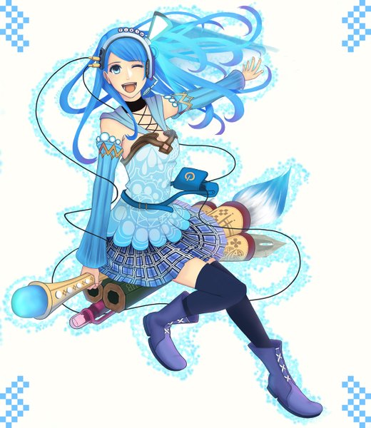 Anime picture 1100x1270 with original pixiv-tan bounin single long hair tall image open mouth blue eyes simple background white background blue hair one eye closed wink girl thighhighs skirt black thighhighs detached sleeves miniskirt headphones