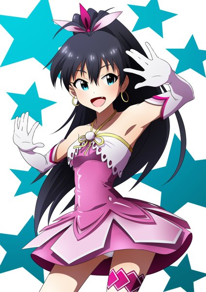 Anime picture 765x1082 with idolmaster ganaha hibiki sunsun69 single long hair tall image blush open mouth blue eyes black hair ponytail teeth fang (fangs) floral (idolmaster) girl dress gloves earrings elbow gloves star (symbol)