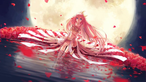 Anime picture 1500x844 with vocaloid ia (vocaloid) single long hair looking at viewer blue eyes wide image pink hair sky ahoge braid (braids) barefoot night sky girl skirt hair ornament flower (flowers) petals choker water