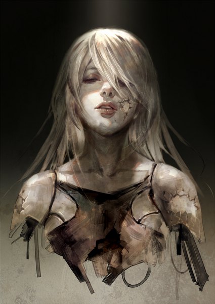 Anime picture 800x1129 with nier nier:automata yorha type a no. 2 hage2013 single long hair tall image fringe simple background bare shoulders white hair eyes closed parted lips lips hair over one eye realistic grey background mole teeth gradient background