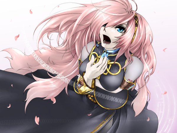 Anime picture 1600x1200 with vocaloid megurine luka meguro-chin anago single long hair fringe open mouth blue eyes pink hair nail polish from above wind hair over one eye looking up singing girl petals