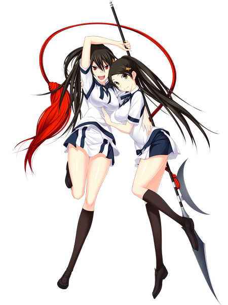 Anime picture 1200x1600 with maji de watashi ni koi shinasai! kawagishi keitarou long hair tall image open mouth black hair red eyes multiple girls brown eyes transparent background girl skirt uniform weapon 2 girls school uniform miniskirt socks black socks naginata