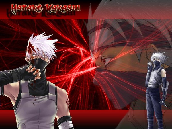 Anime picture 1024x768 with naruto studio pierrot naruto (series) hatake kakashi fringe short hair hair between eyes red eyes standing bare shoulders holding looking away upper body profile arm up blurry grey eyes tattoo character names heterochromia