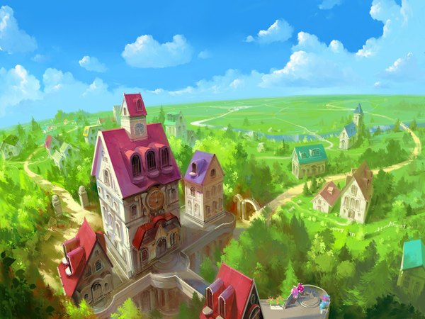 Anime picture 1260x945 with original paperblue cloud (clouds) landscape panorama house road