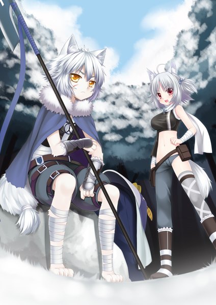 Anime picture 2480x3507 with original pixiv fantasia langlong tall image highres short hair open mouth red eyes sitting animal ears yellow eyes ahoge white hair girl boy navel weapon bandage (bandages)