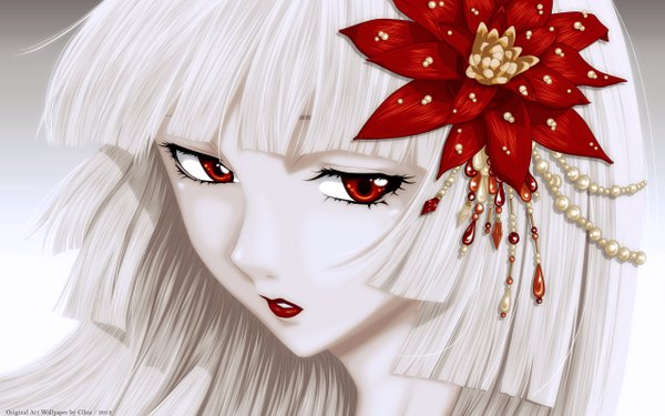 Anime picture 2560x1600 with xxxholic clamp ichihara yuuko single long hair looking at viewer highres red eyes wide image white hair hair flower pale skin girl hair ornament