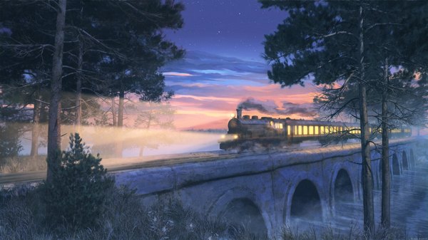 Anime picture 2000x1125 with original arsenixc highres wide image night night sky evening light sunset smoke no people plant (plants) tree (trees) water star (stars) forest bridge train railways railroad tracks