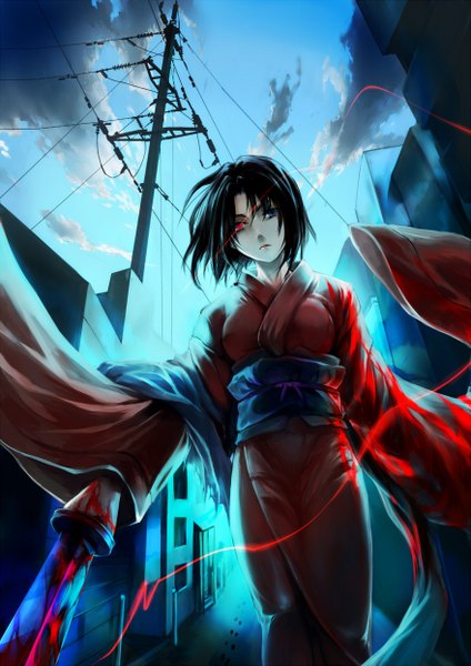 Anime picture 880x1244 with kara no kyoukai type-moon ryougi shiki kzcjimmy single tall image looking at viewer short hair black hair sky cloud (clouds) traditional clothes japanese clothes heterochromia girl weapon sword kimono katana building (buildings)