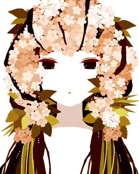 Anime picture 1064x1329 with original matsuki single long hair tall image looking at viewer simple background white background twintails brown eyes multicolored hair pale skin girl flower (flowers) leaf (leaves)