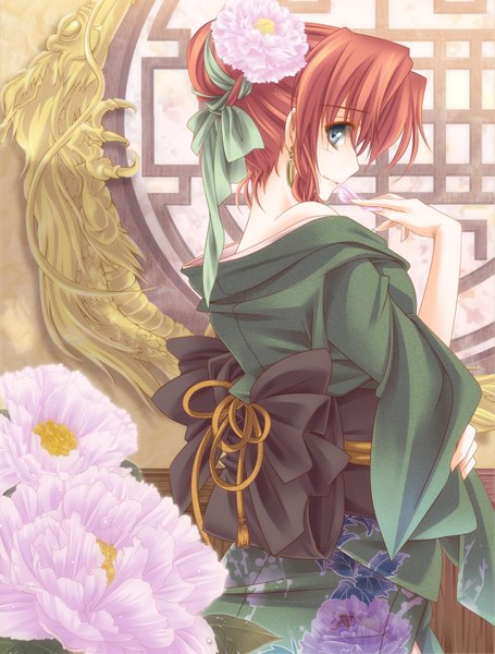 Anime picture 1275x1680 with touhou hong meiling moneti (daifuku) single tall image short hair blue eyes standing red hair japanese clothes looking back hair flower mouth hold girl hair ornament flower (flowers) petals kimono obi