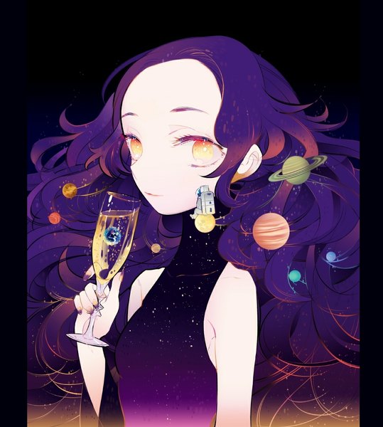 Anime picture 1000x1113 with original maruco single tall image looking at viewer bare shoulders yellow eyes purple hair very long hair orange eyes sleeveless wavy hair space pillarboxed girl wine glass planet earth spacesuit