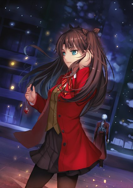 Anime picture 1240x1753 with fate (series) fate/stay night type-moon toosaka rin archer (fate) musynexsk long hair tall image short hair blue eyes brown hair silver hair sparkle snowing winter girl skirt bow hair bow pendant