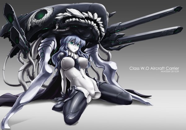 Anime picture 1500x1045 with kantai collection wo-class aircraft carrier akatsuki matsumoto single long hair looking at viewer light erotic simple background sitting full body aqua eyes grey hair grey background teeth spread legs erect nipples covered navel covered nipples pale skin shinkaisei-kan