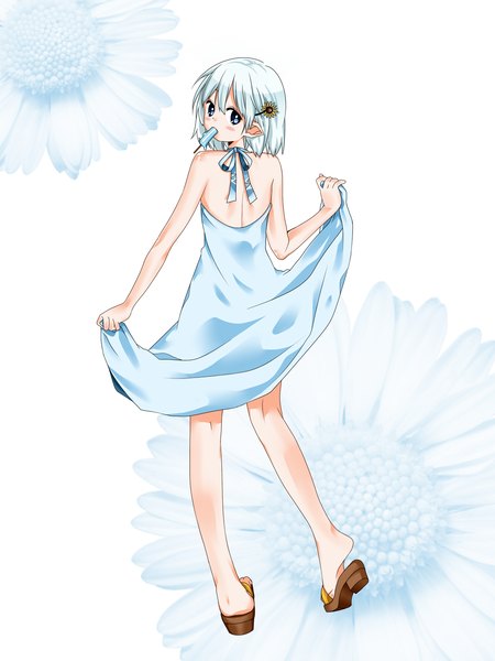 Anime picture 1500x2000 with league of legends tristana (league of legends) abellexi single tall image blush short hair blue eyes white hair looking back pointy ears from behind girl dress hair ornament food shoes sweets hairclip ice cream