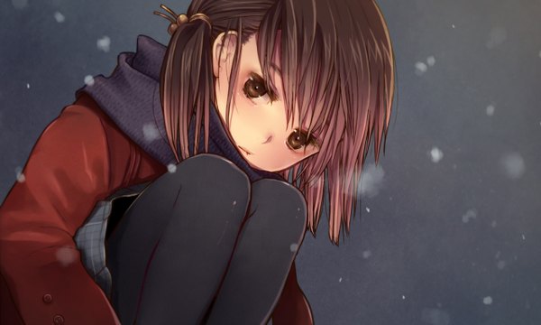 Anime picture 1280x768 with vocaloid kaai yuki single looking at viewer short hair brown hair wide image sitting brown eyes snowing winter exhalation girl scarf