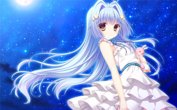 Anime picture 1280x800 with chuunibyou na kanojo no love equation hoshino spica yukie (peach candy) single long hair blush fringe holding brown eyes blue hair cloud (clouds) ahoge wind night :o from below night sky girl dress hair ornament