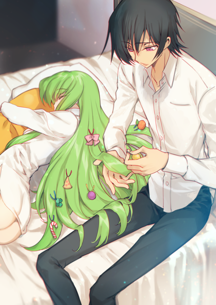 Anime picture 600x847 with code geass sunrise (studio) c.c. lelouch lamperouge cheese-kun creayus long hair tall image short hair light erotic black hair purple eyes ass head tilt green hair looking down christmas sleeping revision pillow hug