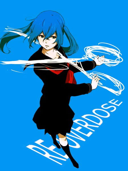 Anime picture 1200x1600 with vocaloid re-overdose hatsune miku snkr single long hair tall image open mouth simple background standing twintails holding green eyes blue hair inscription blue background girl skirt uniform school uniform