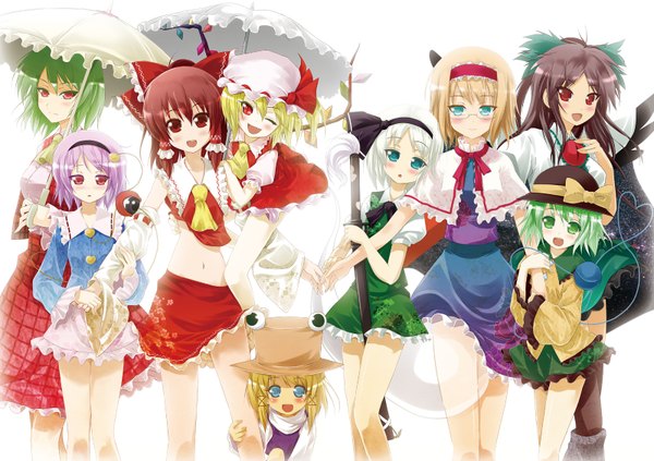 Anime picture 1600x1130 with touhou hakurei reimu flandre scarlet konpaku youmu alice margatroid komeiji koishi komeiji satori myon reiuji utsuho moriya suwako kazami yuuka porurin long hair blush short hair open mouth blue eyes blonde hair red eyes brown hair