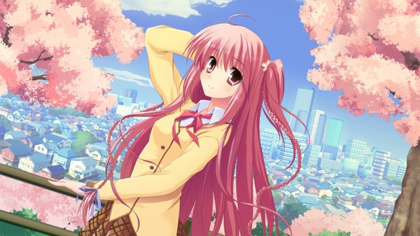 Anime picture 1280x720 with sakura no sora to kimi no koto sakuno kanata long hair smile red eyes wide image twintails pink hair game cg cherry blossoms city short twintails girl serafuku