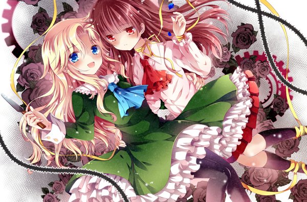 Anime picture 1000x658 with ib (game) ib (ib) mary (ib) nogi takayoshi long hair blush open mouth blue eyes blonde hair red eyes brown hair multiple girls girl dress skirt flower (flowers) ribbon (ribbons) 2 girls socks black socks