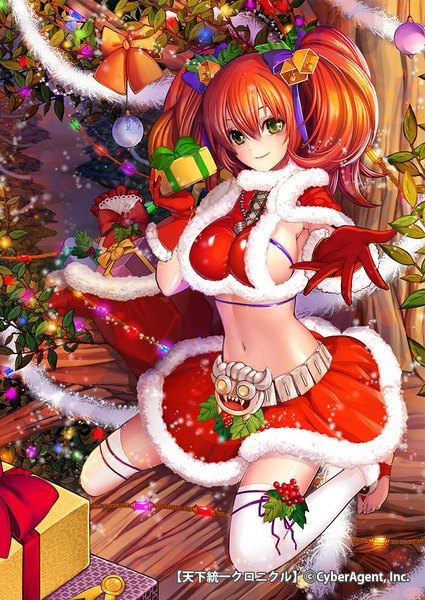 Anime picture 724x1023 with original garam single long hair tall image looking at viewer blush breasts light erotic smile large breasts twintails green eyes orange hair christmas merry christmas girl thighhighs skirt gloves