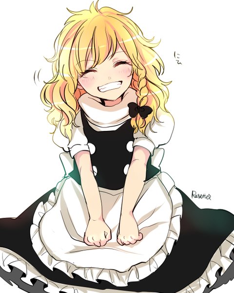 Anime picture 1024x1280 with touhou kirisame marisa rosette (roze-ko) single long hair tall image blush fringe open mouth simple background blonde hair smile white background signed braid (braids) eyes closed :d short sleeves maid embarrassed