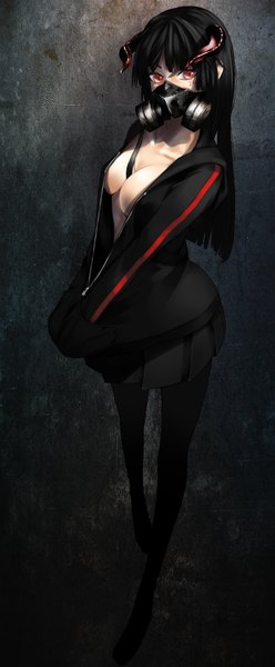 Anime picture 772x1862 with original trx single long hair tall image looking at viewer breasts light erotic black hair red eyes horn (horns) dark background unzipped girl skirt zipper respirator track jacket
