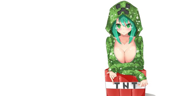 Anime picture 1920x1080 with minecraft creeper uyu (keyakinoki) single looking at viewer blush highres short hair breasts light erotic simple background wide image large breasts white background green eyes green hair personification girl hood tnt block (minecraft)