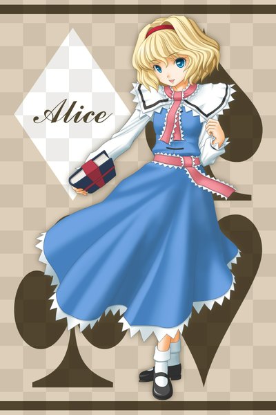 Anime picture 1200x1800 with touhou alice margatroid t2r (artist) single tall image short hair blue eyes blonde hair girl dress frills hairband book (books)
