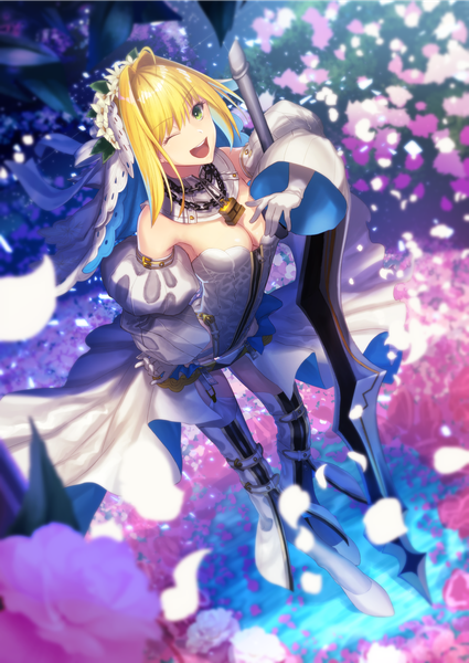 Anime picture 1129x1594 with fate (series) fate/extra fate/extra ccc nero claudius (fate) (all) nero claudius (fate) nero claudius (bride) (fate) lip-mil single tall image looking at viewer fringe short hair breasts open mouth light erotic blonde hair smile bare shoulders green eyes cleavage