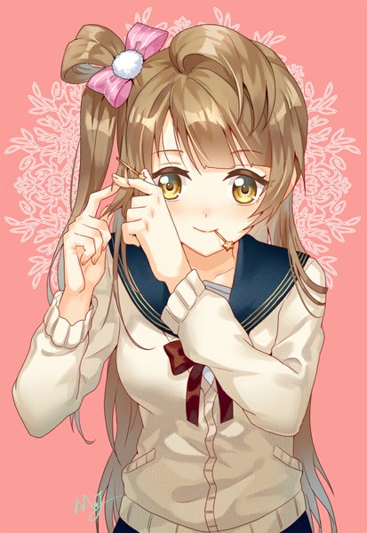Anime picture 813x1181 with love live! school idol project sunrise (studio) love live! minami kotori majiang single long hair tall image blush fringe brown hair holding signed yellow eyes from above hair bun (hair buns) one side up mouth hold adjusting hair pink background