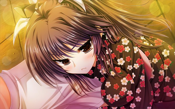 Anime picture 1024x640 with ore no kanojo no uraomote uesugi akeno long hair blush black hair red eyes wide image game cg japanese clothes girl kimono