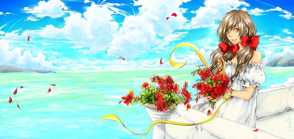 Anime picture 3000x1420 with axis powers hetalia studio deen seychelles (hetalia) wu ma zhi long hair looking at viewer highres open mouth smile brown hair wide image twintails bare shoulders brown eyes sky cloud (clouds) sunlight mountain girl dress