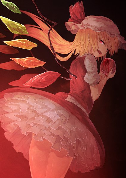 Anime picture 1082x1530 with touhou flandre scarlet ibuki notsu single long hair tall image looking at viewer short hair open mouth simple background blonde hair red eyes one side up black background asymmetrical hair girl dress skirt wings frills