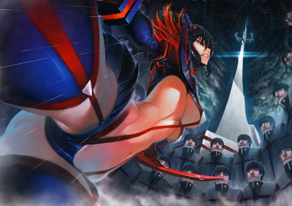 Anime picture 1782x1257 with kill la kill studio trigger matoi ryuuko fenris (waaaghork) highres short hair breasts blue eyes light erotic black hair large breasts red hair multicolored hair two-tone hair bare belly from below streaked hair underboob looking up rain
