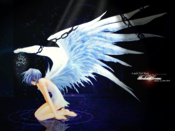 Anime picture 1600x1200 with the sanctuary knocker elurai carnelian single short hair blue eyes blue hair angel wings angel girl dress wings water white dress chain feather (feathers)