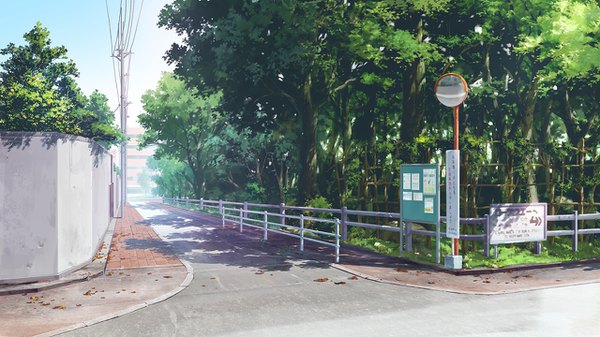 Anime picture 1280x720 with original dao dao wide image sky shadow no people plant (plants) tree (trees) fence power lines road pole traffic mirror