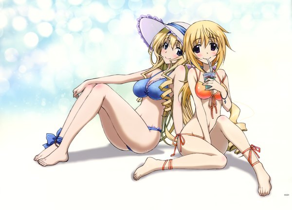 Anime picture 4245x3060 with infinite stratos 8bit charles dunois cecilia orcott long hair blush highres blue eyes light erotic blonde hair smile purple eyes multiple girls absurdres barefoot scan girl 2 girls swimsuit hat