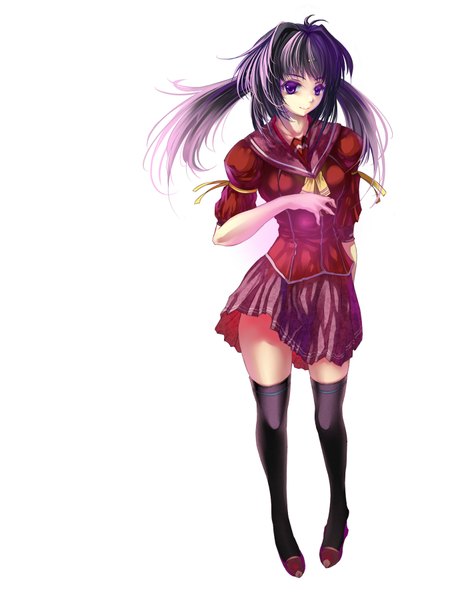 Anime picture 1350x1800 with original miyazaki byou single long hair tall image simple background white background purple eyes purple hair girl thighhighs skirt uniform black thighhighs school uniform miniskirt