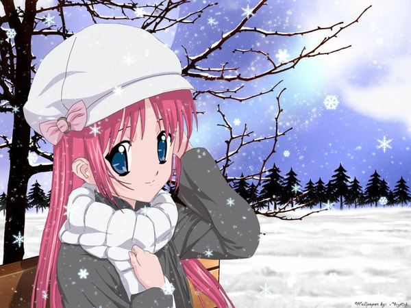 Anime picture 1024x768 with da capo shirakawa kotori nanao naru bj0rn single long hair looking at viewer blue eyes smile sitting pink hair sky upper body outdoors arm up hand on chest snowing winter snow bare tree