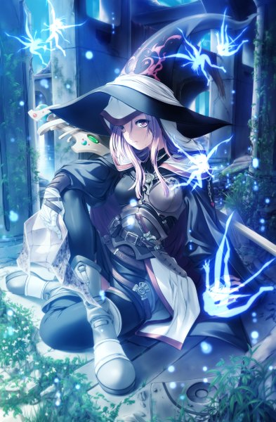 Anime picture 800x1220 with original rezi single long hair tall image looking at viewer blonde hair brown eyes night witch fairy girl thighhighs weapon black thighhighs plant (plants) boots armor witch hat staff