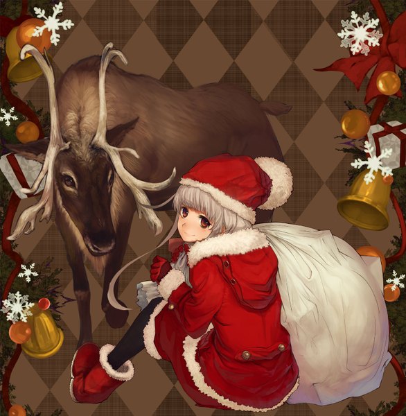 Anime picture 1433x1467 with original shirabi single long hair tall image red eyes grey hair fur trim new year rhombus girl plant (plants) hat fur santa claus hat snowflake (snowflakes) santa claus costume deer