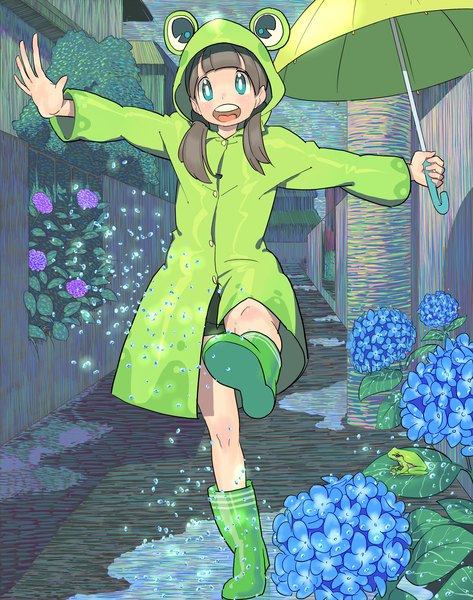 Anime picture 1500x1900 with original nobile1031 single long hair tall image blush open mouth brown hair twintails blunt bangs aqua eyes teeth looking up spread arms leg lift (legs lift) summer animal hood girl flower (flowers) hood