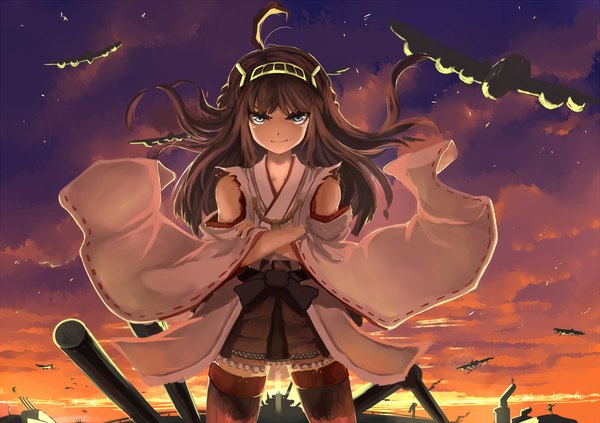 Anime picture 1100x777 with kantai collection kongou battleship rikkido single long hair looking at viewer blue eyes brown hair sky cloud (clouds) evening sunset nontraditional miko girl dress hair ornament weapon hairband aircraft airplane